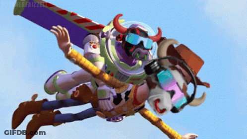 Woody And Buzz Lightyear From Toy Story Are Flying Through The Air GIF