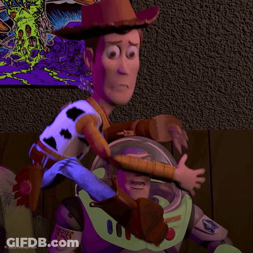 Woody And Buzz Lightyear From Toy Story Are Shown Together GIF