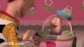 Woody And Buzz Lightyear From Toy Story Are Standing Next To Each Other In A Room . GIF
