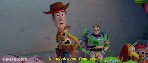 Woody And Buzz Lightyear From Toy Story Are Talking To Each Other GIF
