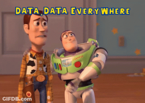 Woody And Buzz Lightyear From Toy Story Standing Next To Each Other With The Words Data Data Everywhere Above Them GIF