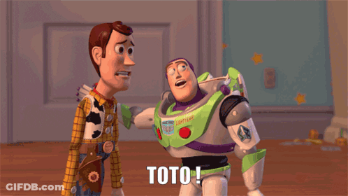 Woody And Buzz Lightyear From Toy Story Standing Next To Each Other With Toto Everywhere Written On The Bottom GIF