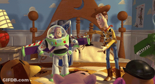 Woody And Buzz Lightyear Standing In Bedroom GIF