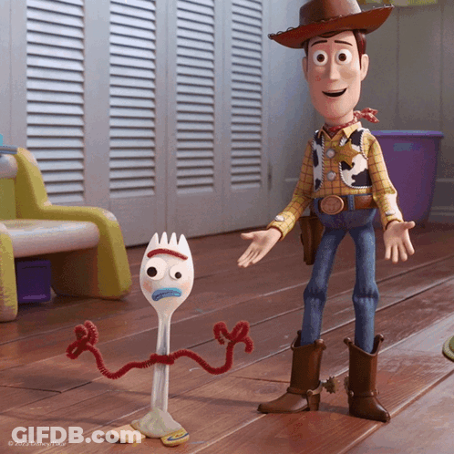 Woody And Forky From The Movie Toy Story Are Standing Next To Each Other GIF