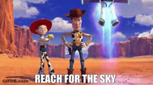 Woody And Jessie From Toy Story Are Standing Next To Each Other In The Desert While Buzz Lightyear Is Flying In The Sky GIF