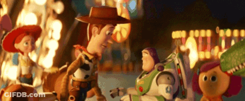 Woody , Buzz Lightyear , And Jessie From Toy Story Are Standing Next To Each Other . GIF