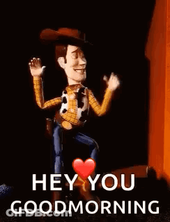 Woody From Toy Story Dancing With Heart Saying Hey You Good Morning GIF