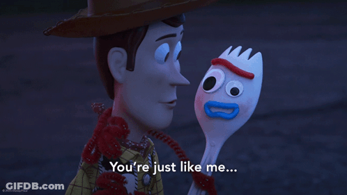 Woody From Toy Story Holding A Fork And Saying " You 'Re Just Like Me ... " GIF