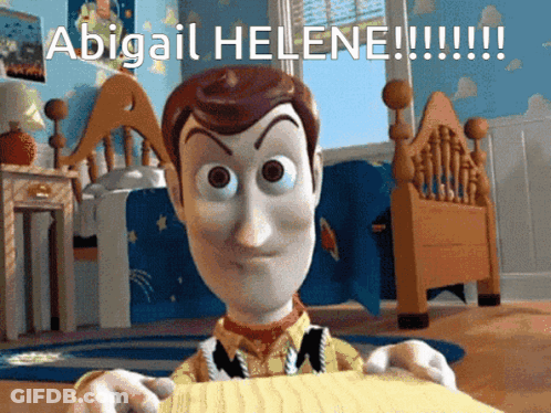 Woody From Toy Story Holding A Piece Of Paper That Says Abigail Helene !!! GIF