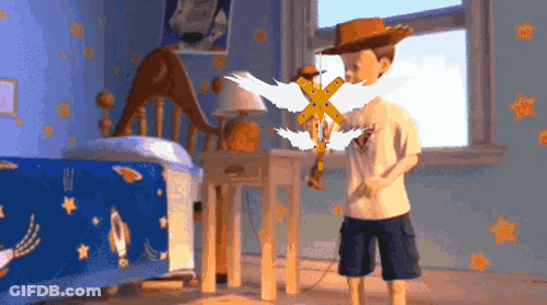 Woody From Toy Story Holding Wooden Cross In Bedroom GIF