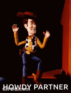Woody From Toy Story Is Dancing In Front Of A Wall With The Words `` Howdy Partner '' Below Him . GIF