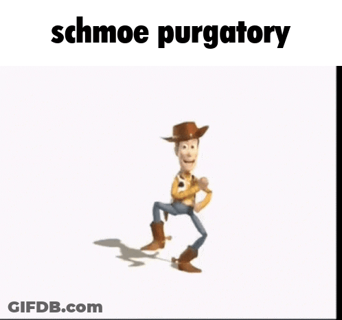 Woody From Toy Story Is Dancing With His Arms In The Air And The Words Schmoe Purgatory . GIF