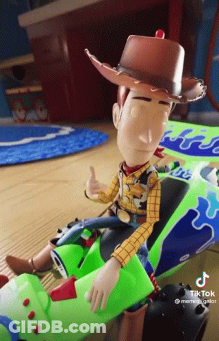 Woody From Toy Story Is Giving A Thumbs Up While Sitting On Buzz Lightyear 'S Toy Car . GIF