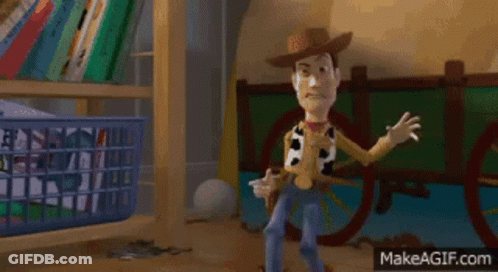 Woody From Toy Story Is Standing In A Room Holding A Gun And A Guitar . GIF