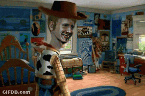 Woody From Toy Story Is Standing In A Room With Posters On The Walls GIF