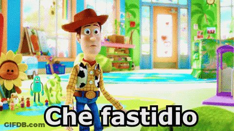 Woody From Toy Story Is Standing In A Room With The Words Che Fastidio Written Above Him GIF