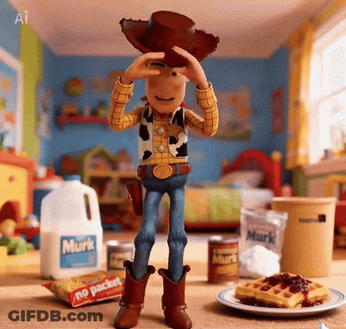 Woody From Toy Story Is Standing In Front Of A Bottle Of Milk GIF