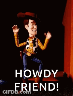 Woody From Toy Story Is Standing In Front Of A Door And Pointing . GIF
