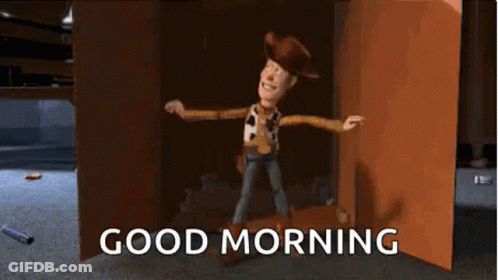 Woody From Toy Story Is Standing In Front Of A Door With The Words `` Good Morning '' . GIF