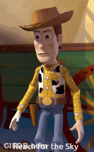 Woody From Toy Story Is Standing In Front Of A Wagon And Says Reach For The Sky GIF