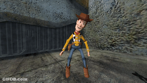 Woody From Toy Story Is Standing In Front Of A Wall GIF