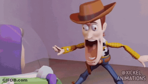 Woody From Toy Story Is Standing Next To Buzz Lightyear In A Room With His Mouth Open . GIF