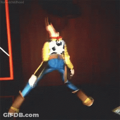 Woody From Toy Story Is Standing On His Hind Legs In A Dark Room . GIF