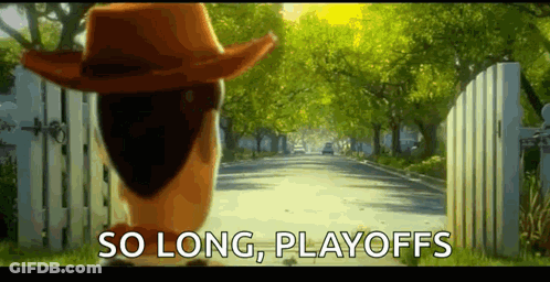 Woody From Toy Story Is Walking Down A Street With The Words So Long Playoffs Written On The Bottom . GIF