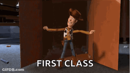 Woody From Toy Story Standing In Front Of First Class Door GIF