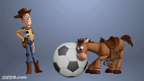 Woody From Toy Story Standing Next To A Horse And A Soccer Ball GIF