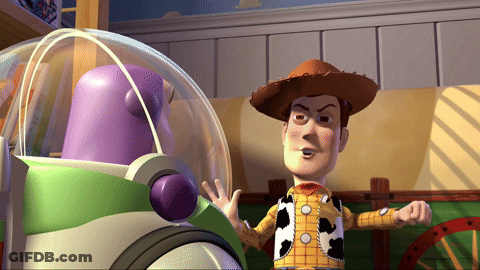 Woody From Toy Story Standing Next To Buzz Lightyear In A Room GIF