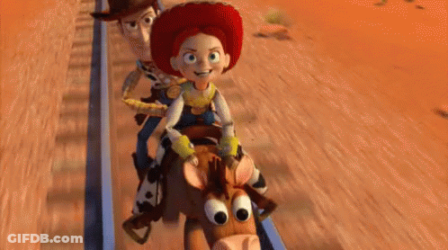Woody , Jessie , And Bullseye From Toy Story Are Riding A Roller Coaster Together . GIF