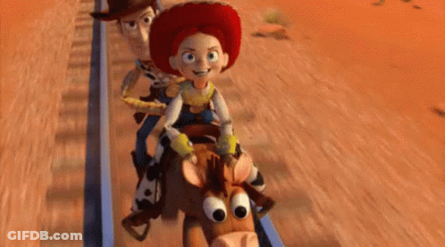 Woody , Jessie , And Bullseye From Toy Story Are Riding A Roller Coaster Together . GIF