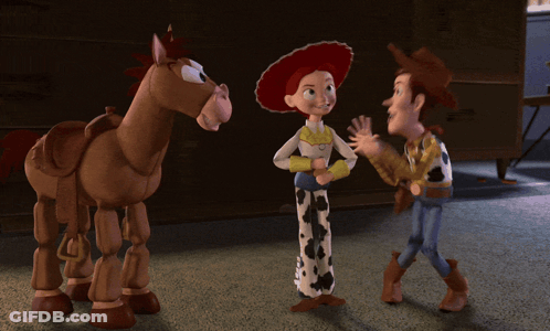 Woody Jessie And Bullseye Running From Wooden Horse GIF
