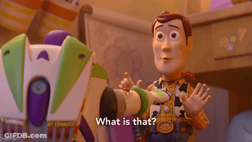 Woody Pointing At Buzz Lightyear Saying What Is That GIF