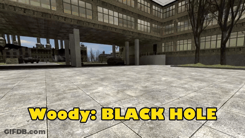 Woody 'S Black Hole Is Written In Yellow Letters On A Tiled Floor GIF