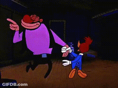 Woody Woodpecker Is Standing Next To A Man In A Purple Shirt And Pointing . GIF