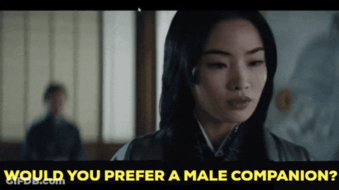 Would You Prefer A Male Companion Is Written Above A Woman 'S Face GIF