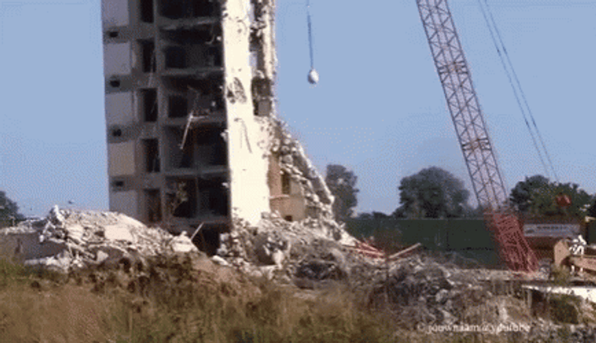 Wrecking Ball Machine Demolishing Building GIF