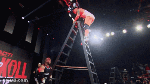 Wrestler Climbing Ladder With Koll Banner GIF
