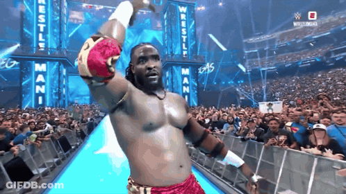 Wrestler In Front Of Crowd With Wrestlemania Sign GIF