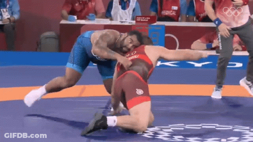 Wrestler In Red And Blue Vs Blue And White GIF