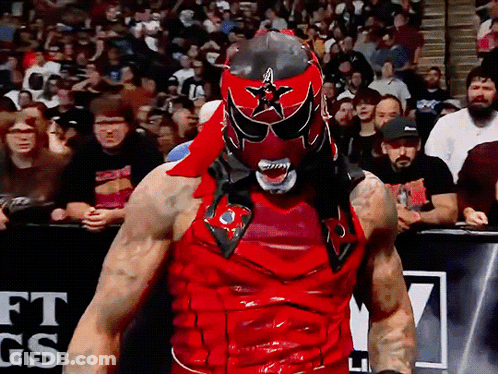 Wrestler In Red Black Mask Crowd GS Sign GIF
