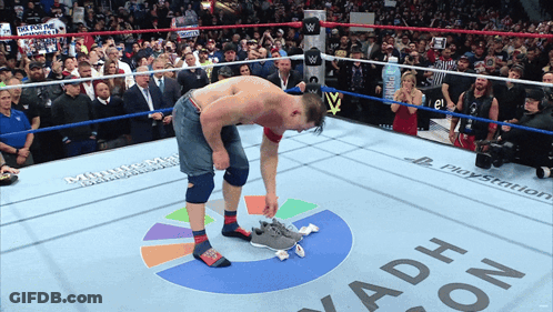Wrestler In Ring With PlayStation Floor Ads GIF