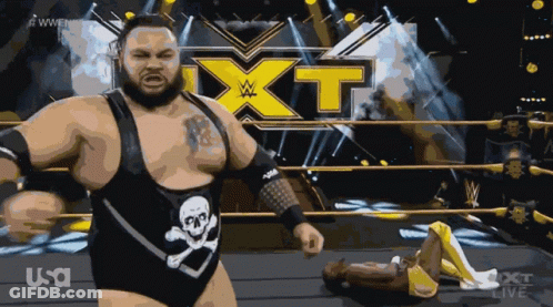 Wrestler In Skull Outfit In Front Of NXT Sign GIF