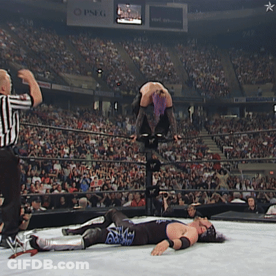 Wrestler Jumping Over Another In Ring With PSEG Sign GIF