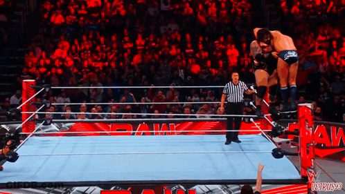 Wrestler Jumping Over Another In Ring With Referee GIF