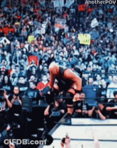 Wrestler Jumping Over Rope With Sign Saying Another Pov GIF
