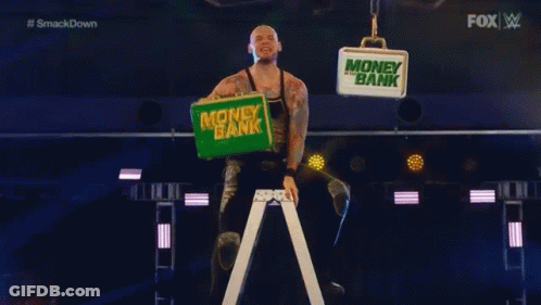 Wrestler On Ladder Holding Money Bank Briefcase GIF