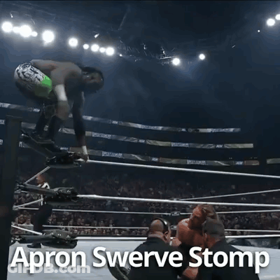 Wrestler Performing Apron Swerve Stomp In AEW Ring GIF